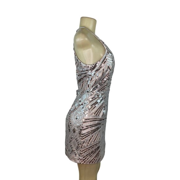 Dear Moon Womens  Nude & Silver Sequin Mini Cocktail Evening Dress SZ 9 - Picture 2 of 9